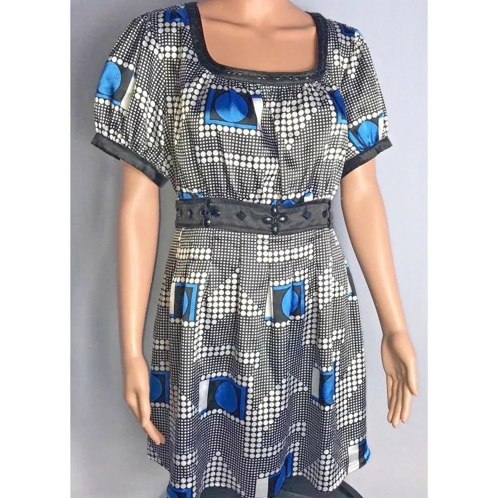 Antilia Femme Womens Babydoll Top Black Silver Blue Plus Size 1X Shirt Satiny - Picture 1 of 4